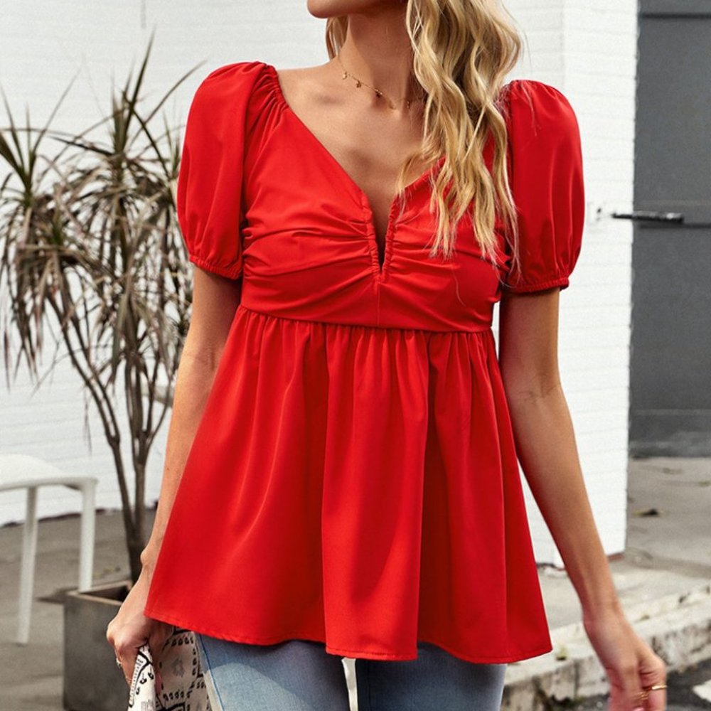 Notched Neck Smocked Babydoll Top - Red